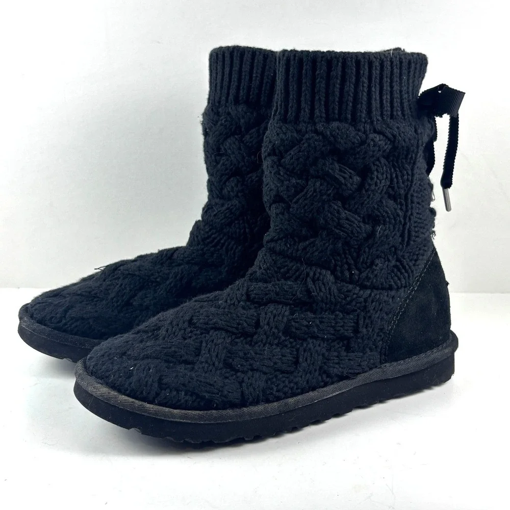 UGG Isla Cable Knit Boots Women 7 Black‎ Ribbon Bow 1008840 Cozy Coquette Bows